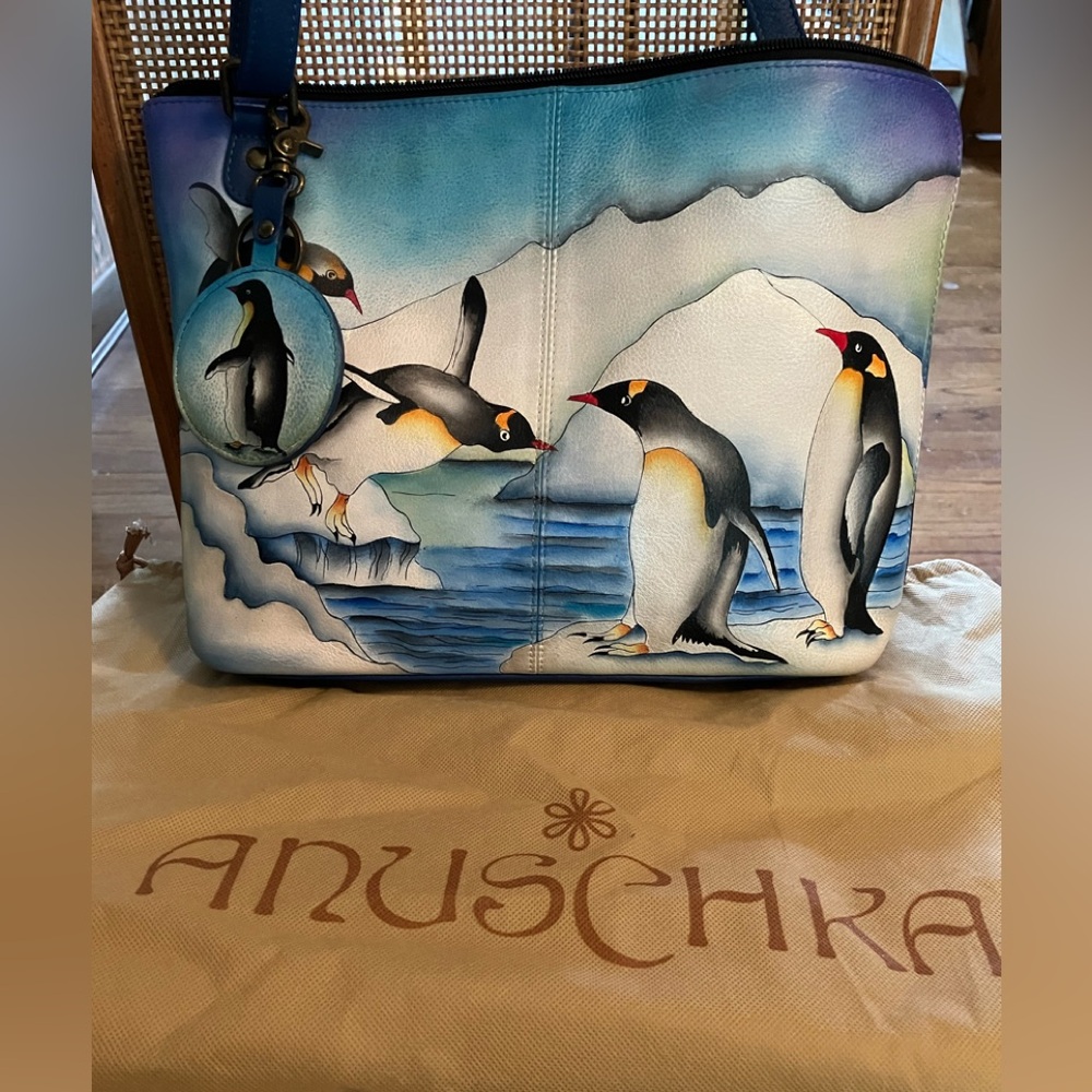 Anuschka Arctic Emperor Penguins Leather Hand Painted Organizer Crossbody RFID